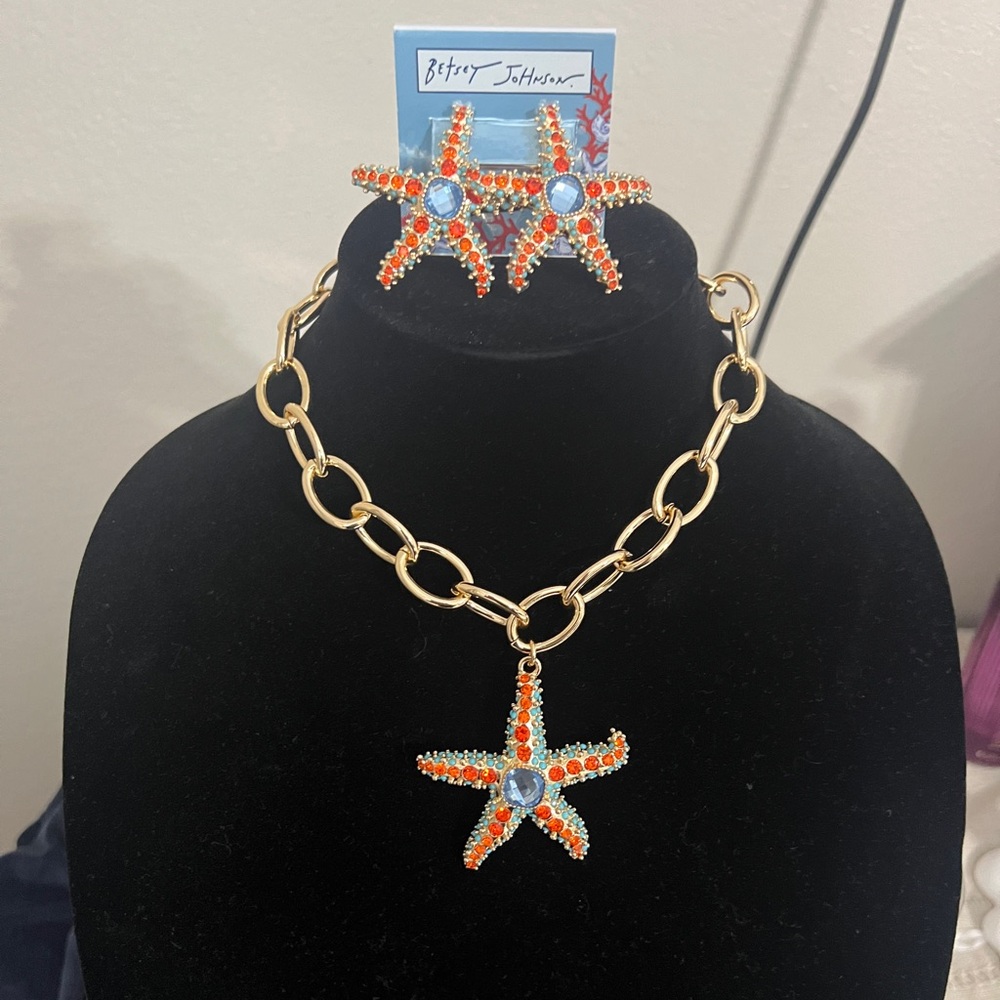 Betsey Johnson Orange Starfish Necklace and Earrings Set